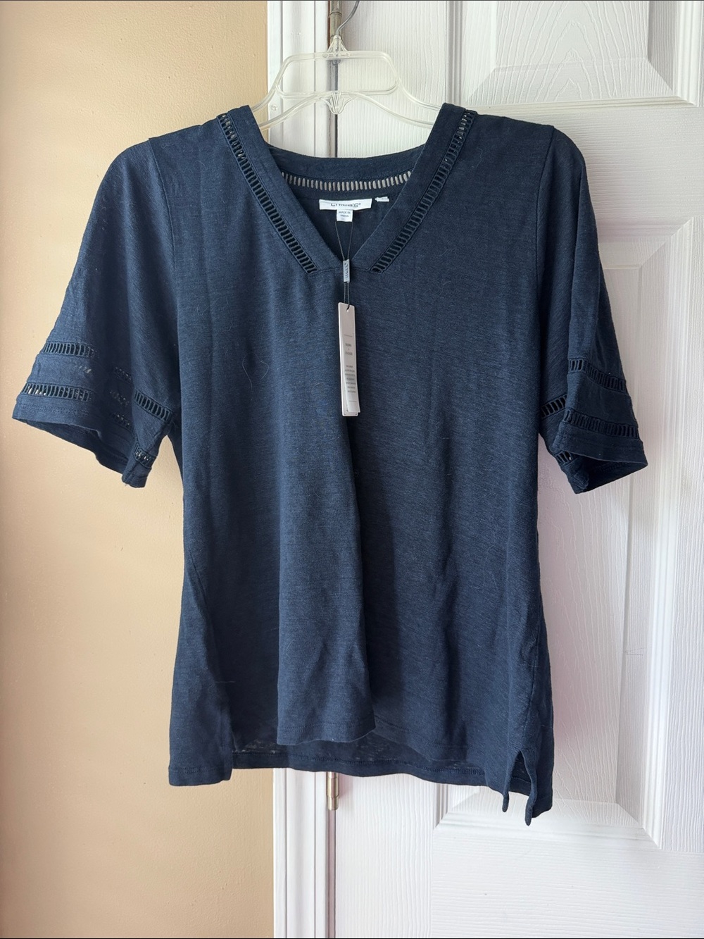Chico's Navy V-Neck Short Sleeve Tee with Ladder Trim